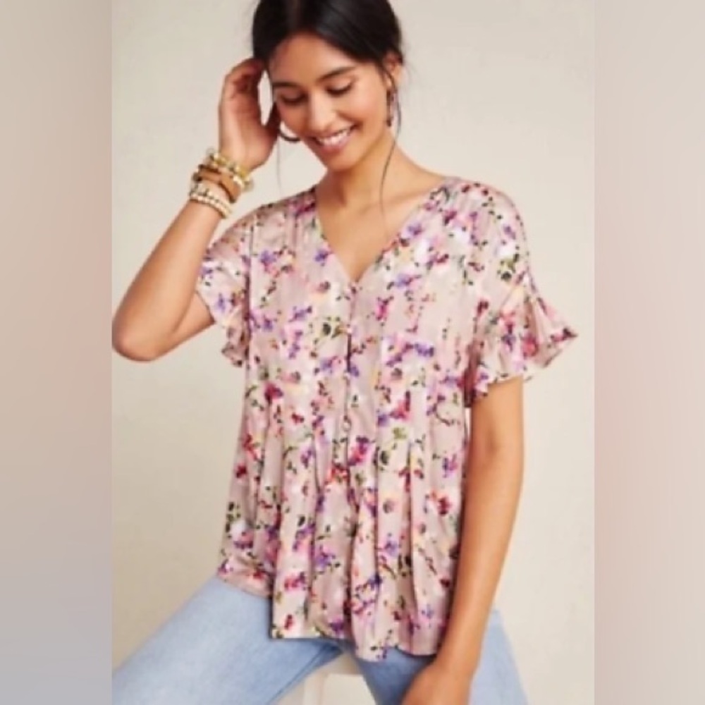 Dolan Anthropologie Left Coast Beige Floral Pleated Ruffle Short Sleeve Blouse